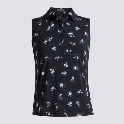 MOODY FLORAL SILKY TECH NYLON SLEEVELESS POLO - US 7334
