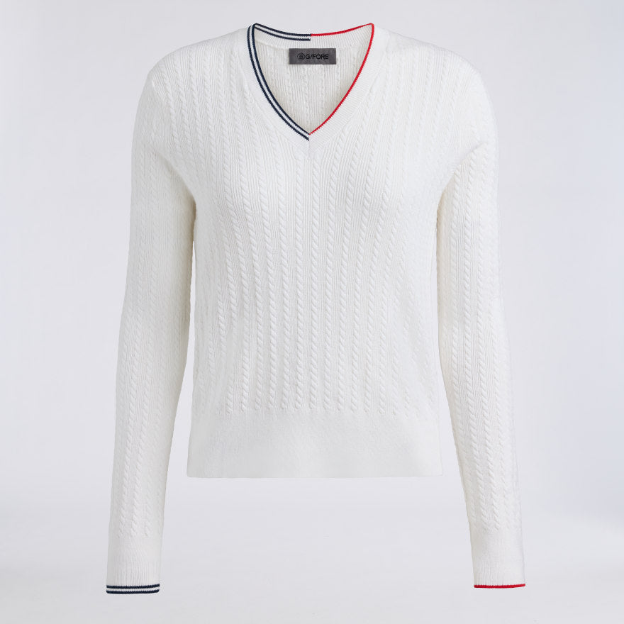 CABLE KNIT COTTON CASHMERE V NECK SWEATER - US 8119