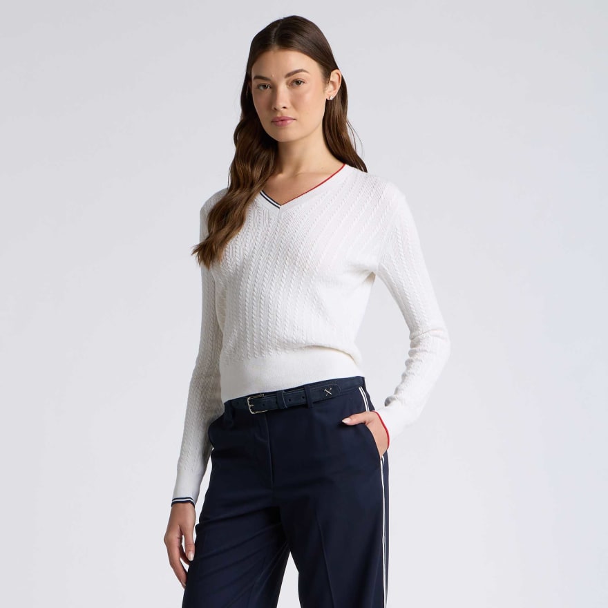 CABLE KNIT COTTON CASHMERE V NECK SWEATER - US 8119