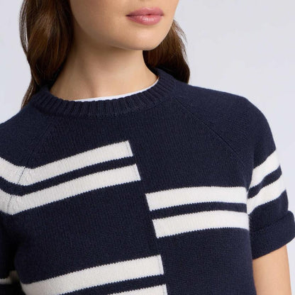 LTD RELEASE OFFSET STRIPE CASHMERE SHORT SLEEVE CREWNECK SWEATER - US 8597